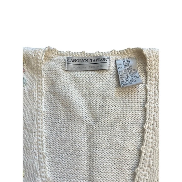 1980s Carolyn Taylor White Knitted Floral Embroidered Vest Sz M - Picture 3 of 9